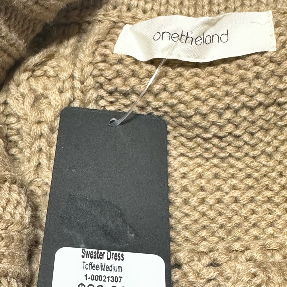 Onetheland Tan Cable Knit Cowl Neck Sweater Dress Cozy Boho Long Sleeve Fall - Picture 5 of 6